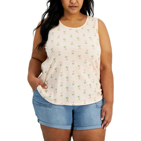 Style & Co Plus Size Cotton  Print Tank Pink Palm View 0X