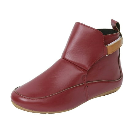 DVKOVI Shoes for Teen Girls Women s Ankle Boots & Booties Women s Vintage Leather Boots Flat Shoes Winter Round Toe Ankle Boots Casual Walking Shoes for Women Fall Shoes for Women 2024 Red 37