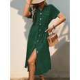 thumbnail image 4 of Women'S Solid Color Dress Summer Casual Short Sleeve Button V Neck Dresses Long Beach Shirt Dress with Pockets, 4 of 9
