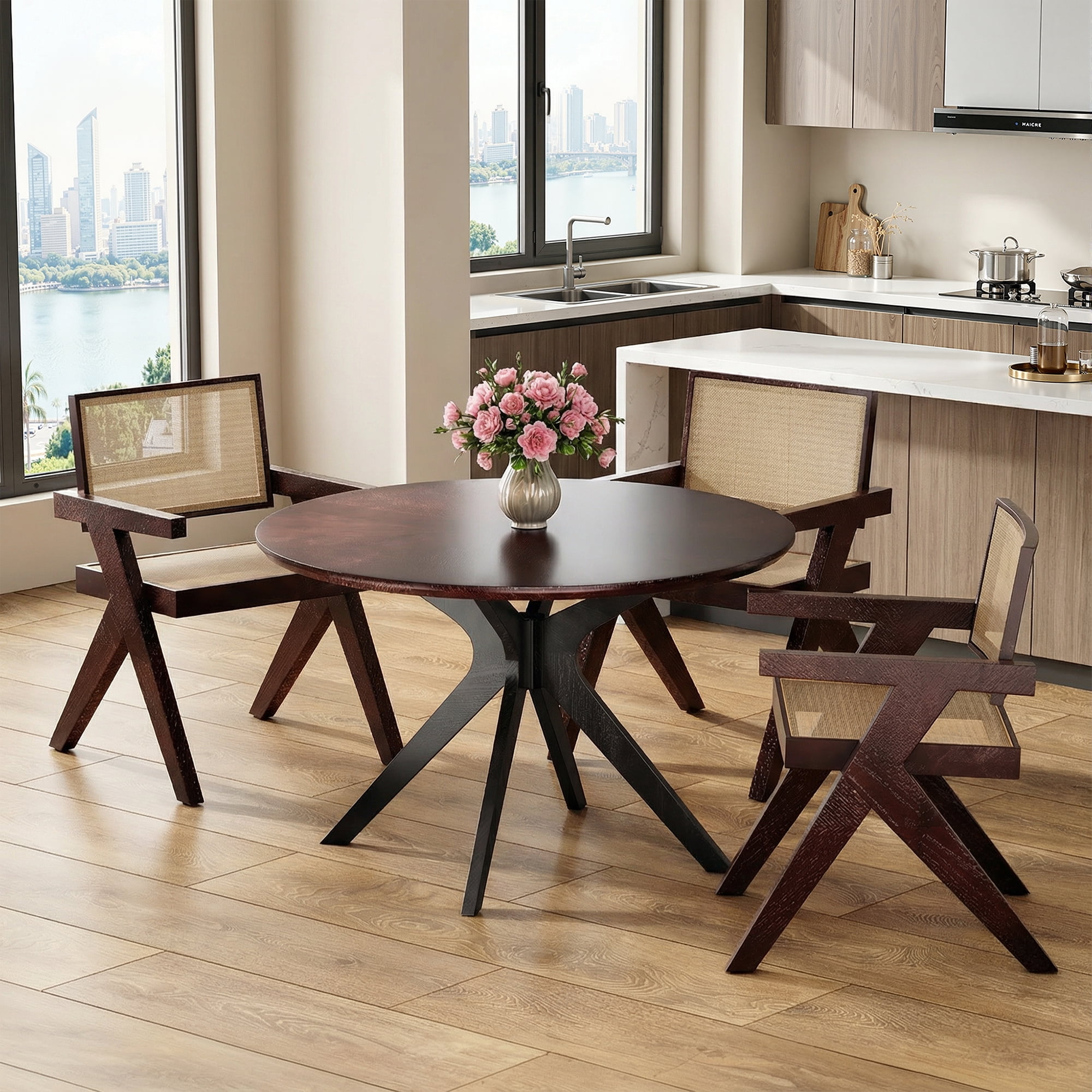 MAYEERTY 47" Solid Wood Round Dining Table, Intersecting Pedestal Base, Seats 4-6, Kitchen/Dining Room,Black Walnut