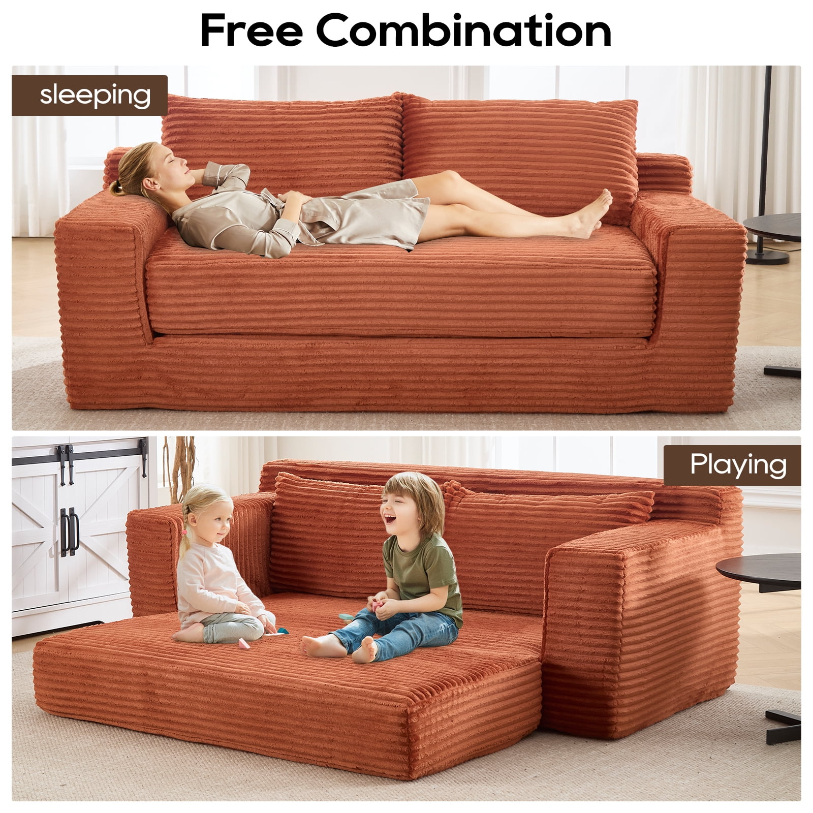 GNIXUU 70.8" Loveseat Sofa Bed Boneless Couch ,Corduroy Cloud 2 in 1 Convertible Sleeper Sofas with Fixed-Shape Frame, Comfy Deep Seat Folding Couches for Living Room, Apartment,Office,Orange