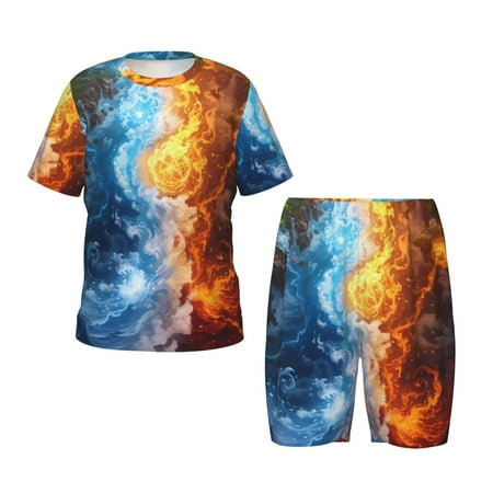 Luyuia Red And Blue Flame Waves Print Girls  2-Piece Tie-Dye Pajama Set  Cute Summer Loungewear with Shirt and Tank Shorts Nightwear-Large