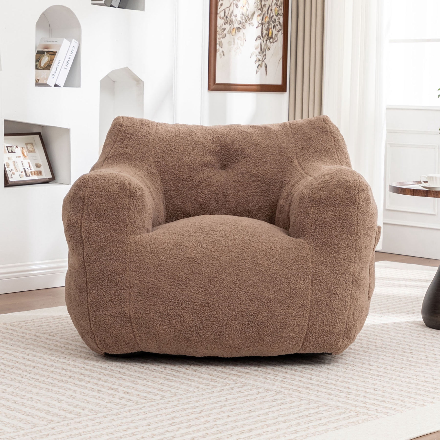 S-HOME Plush Bean Bag Chair with Comfy Armrests Perfect for Adults Featuring High-Density Foam for Reading or Lounging，Coffee