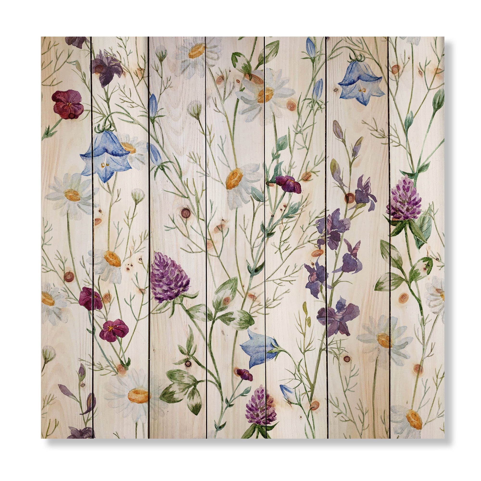 Designart 'Wildflowers Clover Bell and Chamomile I' Traditional Print on Natural Pine Wood