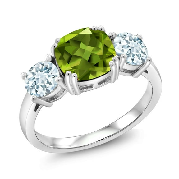 Gem Stone King 925 Sterling Silver Green Peridot and Sky Blue Aquamarine 3 Stone Engagement Ring for Women (3.45 Cttw, Gemstone August Birthstone, Cushion 8MM, Size 7)