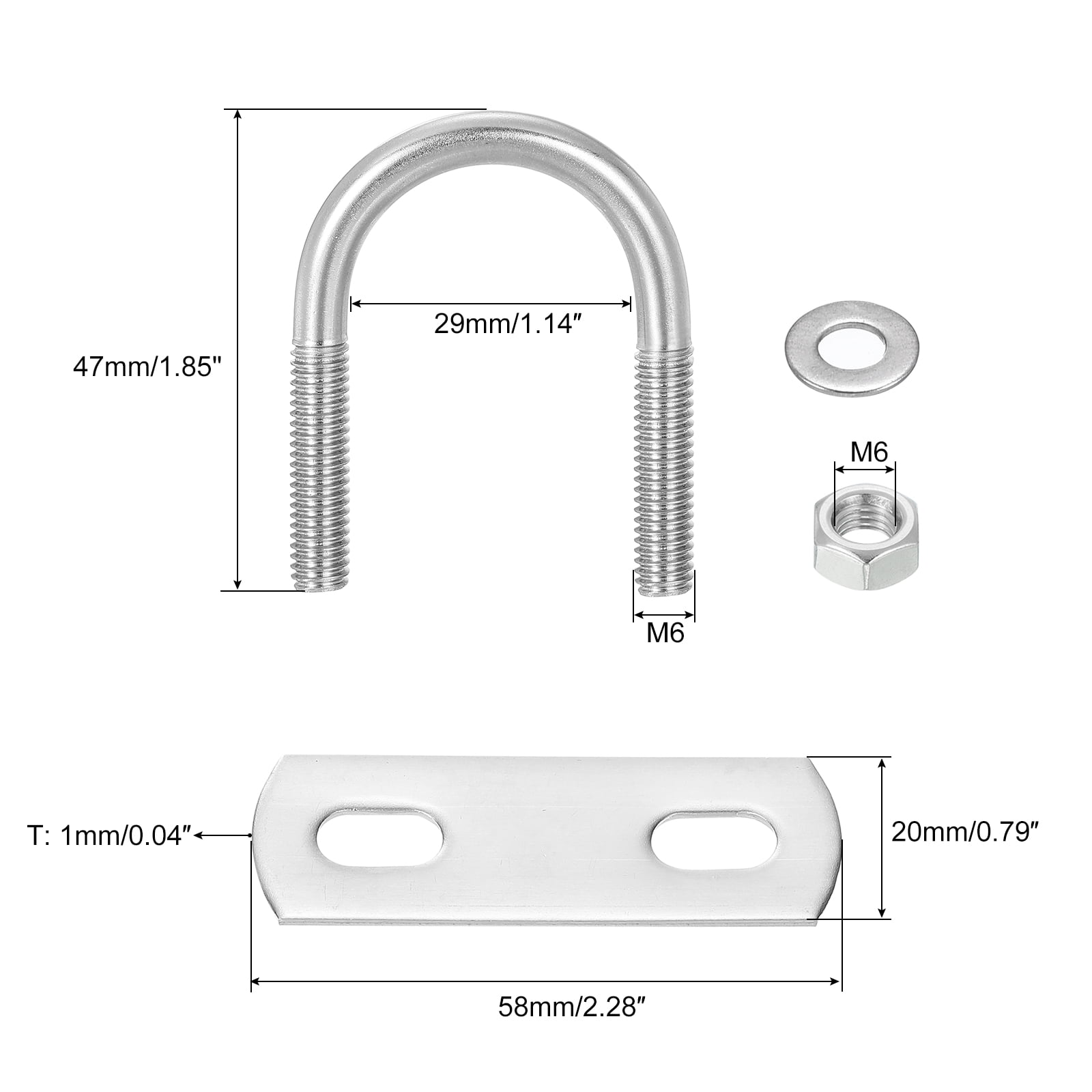 Round U-Bolts, 8 Sets 27mm(1.06") Inner Width 47mm Length M6 304 Stainless Steel U Clamp Bolt with Nuts and Plates