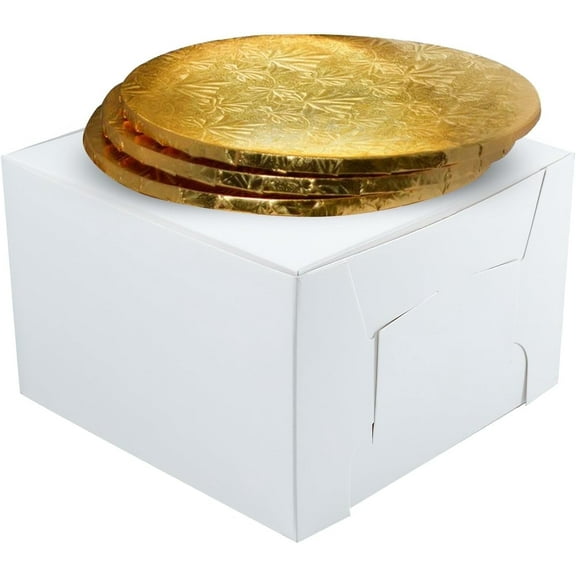 10" Combo Box Set - 10x10x5 1/2 White Cake Box with 10" Gold Round Drum 1/2", Pack of 3