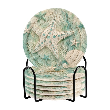 6 Pcs Drink Coasters with Holder 3.94in Woven Coasters for Drinks Mint Green Starfish Coaster Set for Protection Table