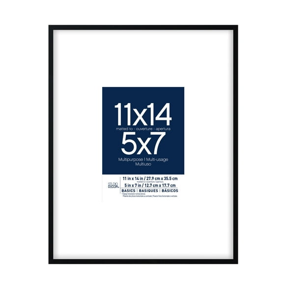 Studio Decor 5" x 7" Black Multipurpose Frames with White Mat by Basics,  - Plastic & Glass Photo Frames, Fits 11" x 14" Unmatted, Horizontal or Vertical Display, 12 Pack