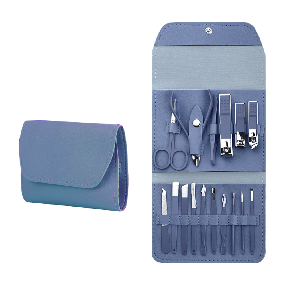 Blue Manicure Tool Kit Set with Carbon Steel Blades and Ergonomic