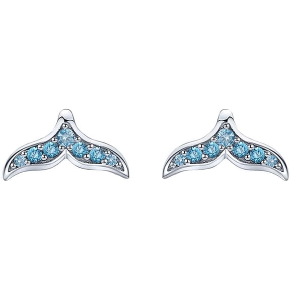 Cute Mermaid Tail CZ Stud Earrings for Women S925 Sterling Silver Bule Cubic Zirconia Crystal Fish Whale Tail Hypoallergenic Tragus Post Pin Dainty Earrings Jewelry Gift for Daughter