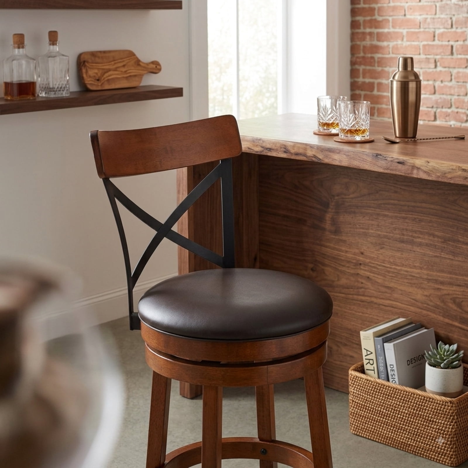 Furnibear Set of 2 Bar Stools 360-Degree Swivel Dining Bar Chairs with Rubber Wood Legs-25 inch for Kitchen Island Counter Bar Pub Dining, Walnut