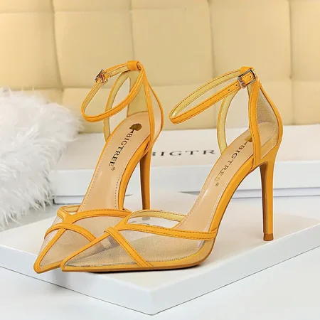 

Women‘s Fashion Mesh Cutout Stiletto Sandals Pointed Toe Ankle Strap High Heels Women‘s Solid Color Pumps