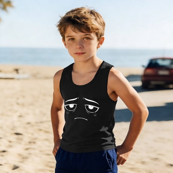 Kids Muscle Tank Top for Boys - Sad Face Graphic Tee Sleeveless Shirt, Breathable Stretchy Active Wear, Ages 4-12 (Black),Size 10 T