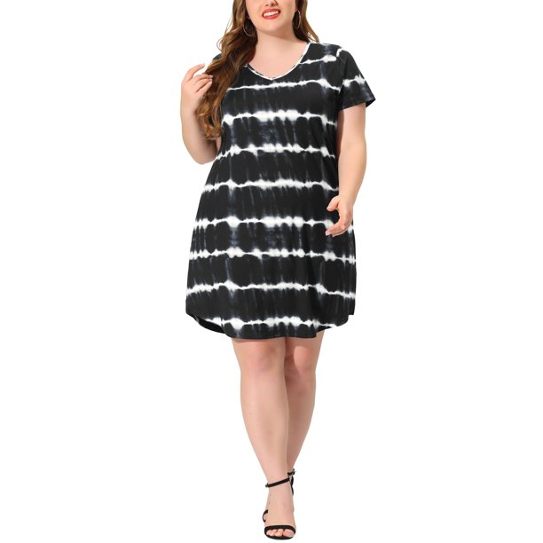 Vestido De TalGrande PaMujer, Túnica, Cuello En V, ManCorta, Dobladillo Redondo, Teñido Anudado, VestidosMedPierNegro 1X