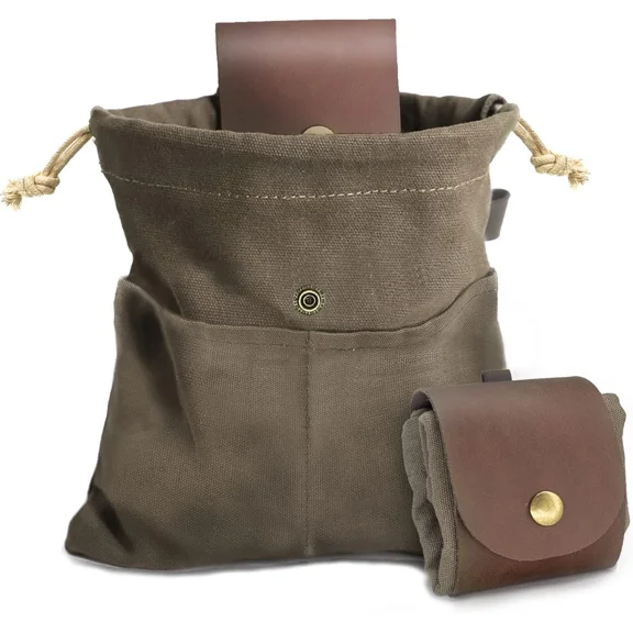 Foraging Pouch Leather Canvas Collapsible Bag Water Resistant Outdoor Camping Storage Folding Bag Mushroom Bags Bushcraft Belt Pouches for Travel Camping Hiking