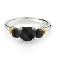 thumbnail image 3 of Gem Stone King 925 Sterling Silver and 10K Yellow Gold Black Onyx 3 Stone Engagement Ring for Women (1.48 Cttw, Cushion Checkerboard Cut 6MM and 4MM, Available in Size 5, 6, 7, 8, 9), 3 of 5