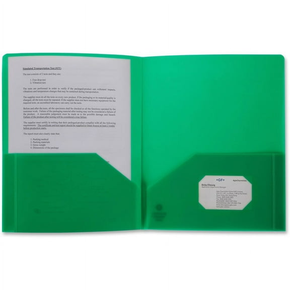Business Source Letter Portfolio - 8 1/2" x 11" - 30 Sheet Capacity - 2 Pocket(s) - Poly - Green - 1 Each | Bundle of 2 Each