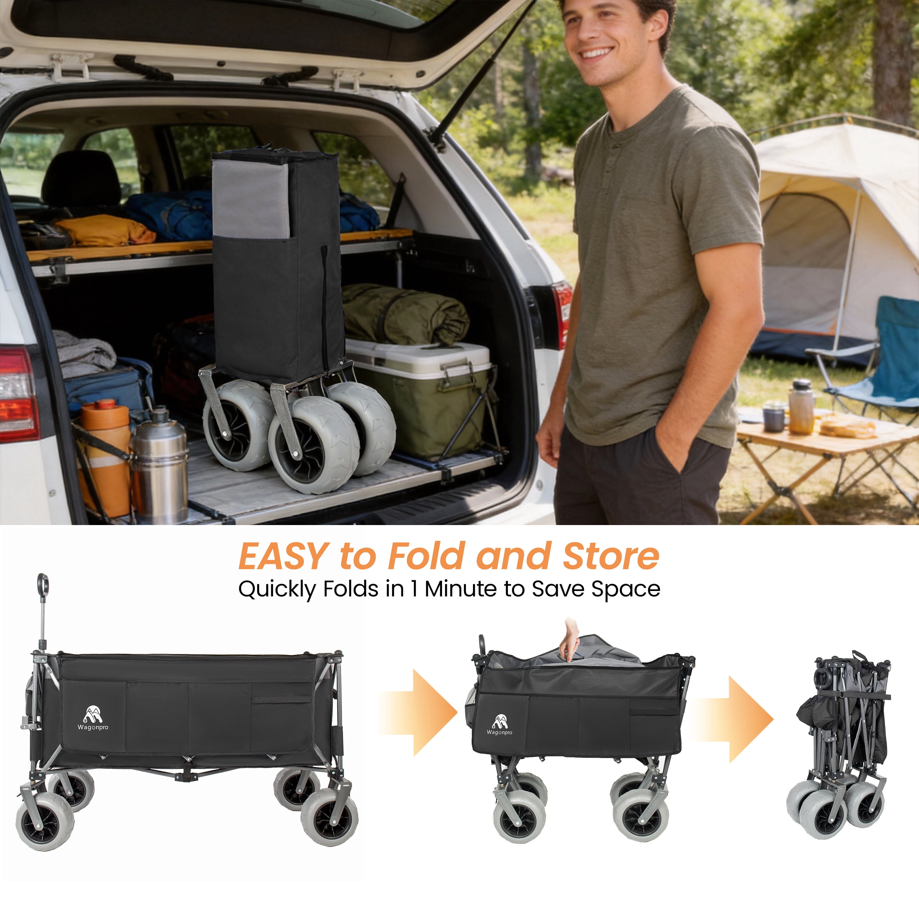 Extended Foldable Utility Wagon, Collapsible Wagon with Patented Ultra-Stable Frame, 9 Inch All-Terrain Wheels with Brakes, 600D Oxford Cloth for Beach Sports Garden