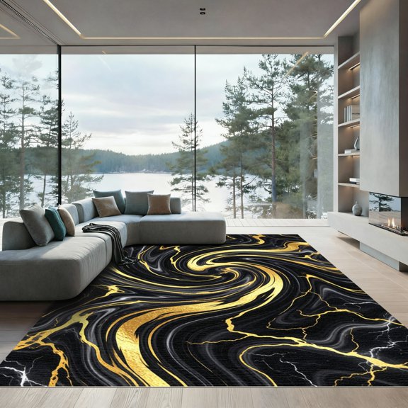 ODIKA 4'x6' Machine Washable Non-Slip Area Rug, Abstract Black High Traffic Rug, Black, 963858