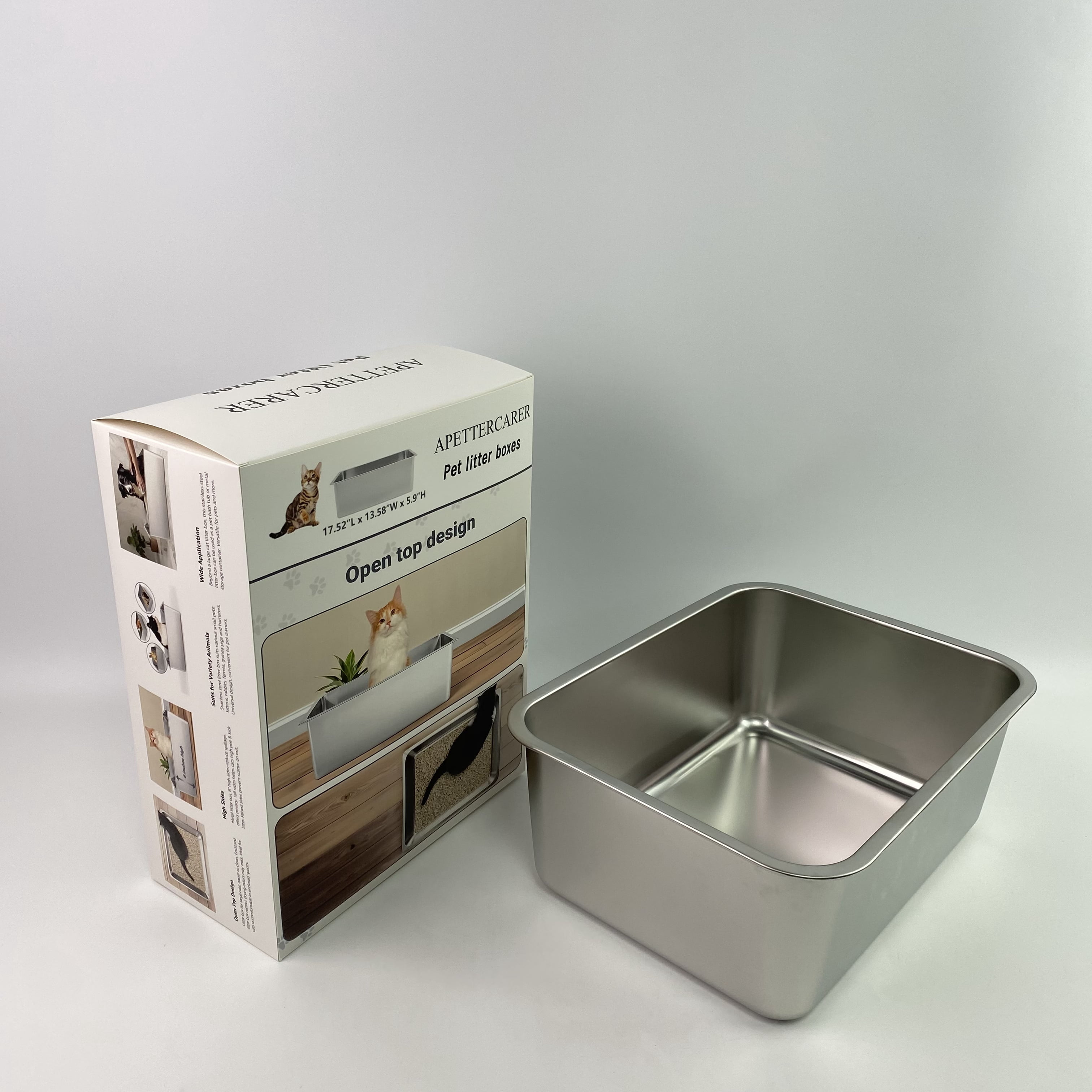 APETTERCARER Pet litter boxes,Stainless Steel Cat Litter Box - Metal High Sided Cat Pan, Large Stainless Steel Box, Indoor Litter Tray, Pet Toilet Supplies for Kitten