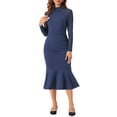 thumbnail image 2 of INSPIRE CHIC Women's Dress Mermaid Bodycon Mock Neck Sheer Mesh Long Sleeve Dresses L Navy Blue, 2 of 6