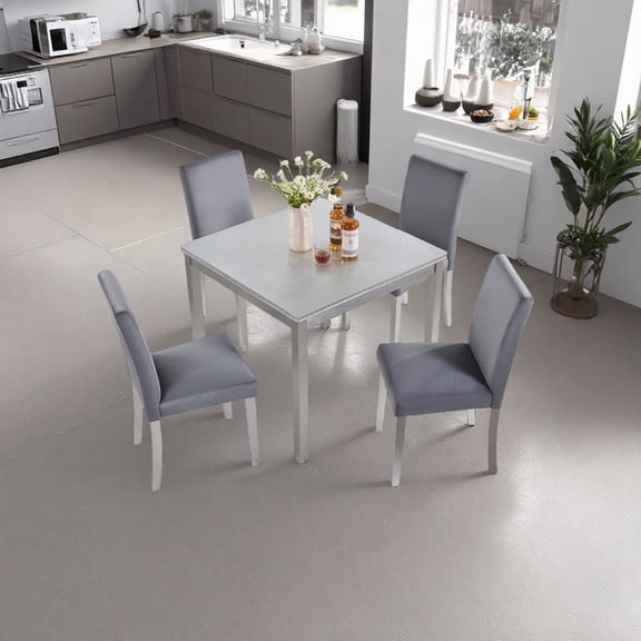5-Piece Counter Height Dining Set with Crystal Accents, Square Kitchen Table & 4 Upholstered Chairs, Silver Grey Counter Height Table Set for Small Spaces