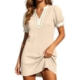 thumbnail image 2 of QUNYINEY Summer Dresses for Women 2026 A Line Boho Mini Puff Short Sleeve T-Shirt Dress Casual V Neck Loose Fit Vacation Dresses, 2 of 9