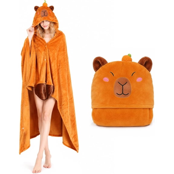 Capybara Wearable Blanket Hoodie,Capybara Warm Flannel Blanket with Sleeves Blanket Hoodie for Adult Travel (Brown Capybara)
