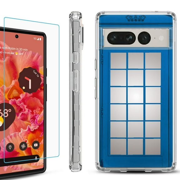 Shockproof Bumper Phone Case for Google Pixel 7 Pro, with Tempered Glass Screen Protector, by OneToughShield ® - Phone Booth Blue