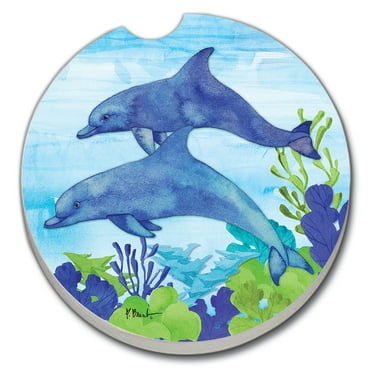 Absorbent Stoneware Car Coaster, Dolphin Duo, Set of 2