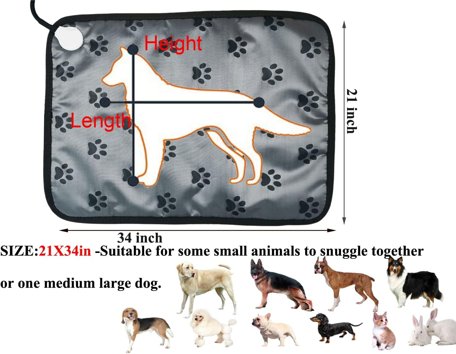 Pet Heating pad 34"x21" Large Dog cat Heating pad Heated ped beds Dogs House Heater Electric Warming pad for Puppies with Timer,Chew Resistant Cord,Easy Clean,Waterproof