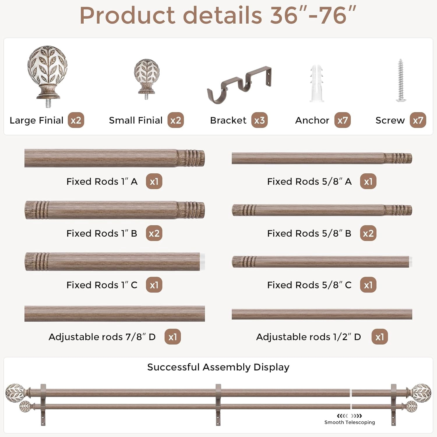 Double Curtain Rod 36-76 Inch, Boho Wood Decorative Dual Curtain Rods for Windows, 1" Adjustable Heavy Duty Double Rod, Unique Handmade Imitation Weathered Wood Grain Leaf Finials Design