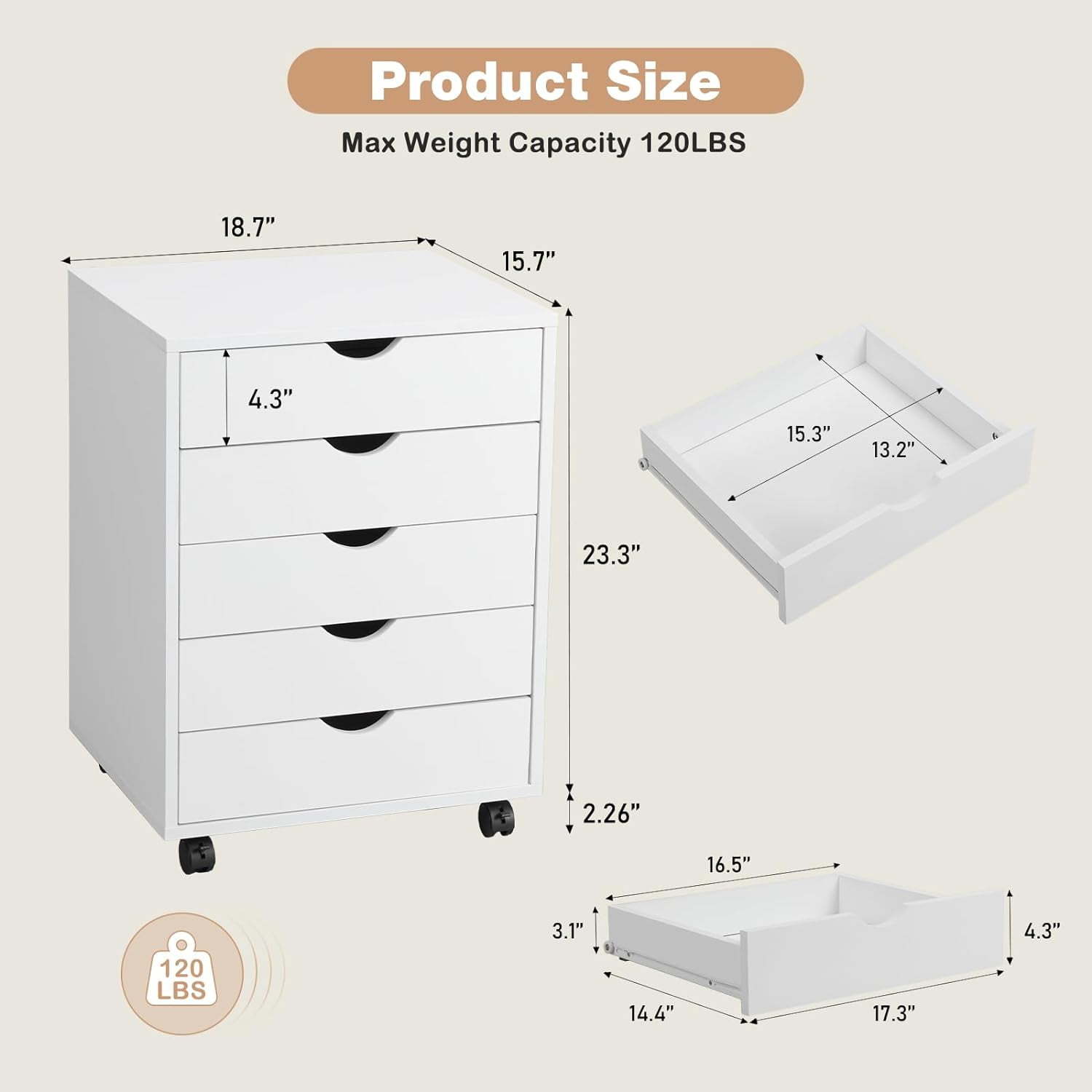 5 Drawer Storage Organizer, 25.39'' Height File Cabinets Dressers With Wheels, Wood Underdesk Cabinet For Home Office, Bedroom, Study, White