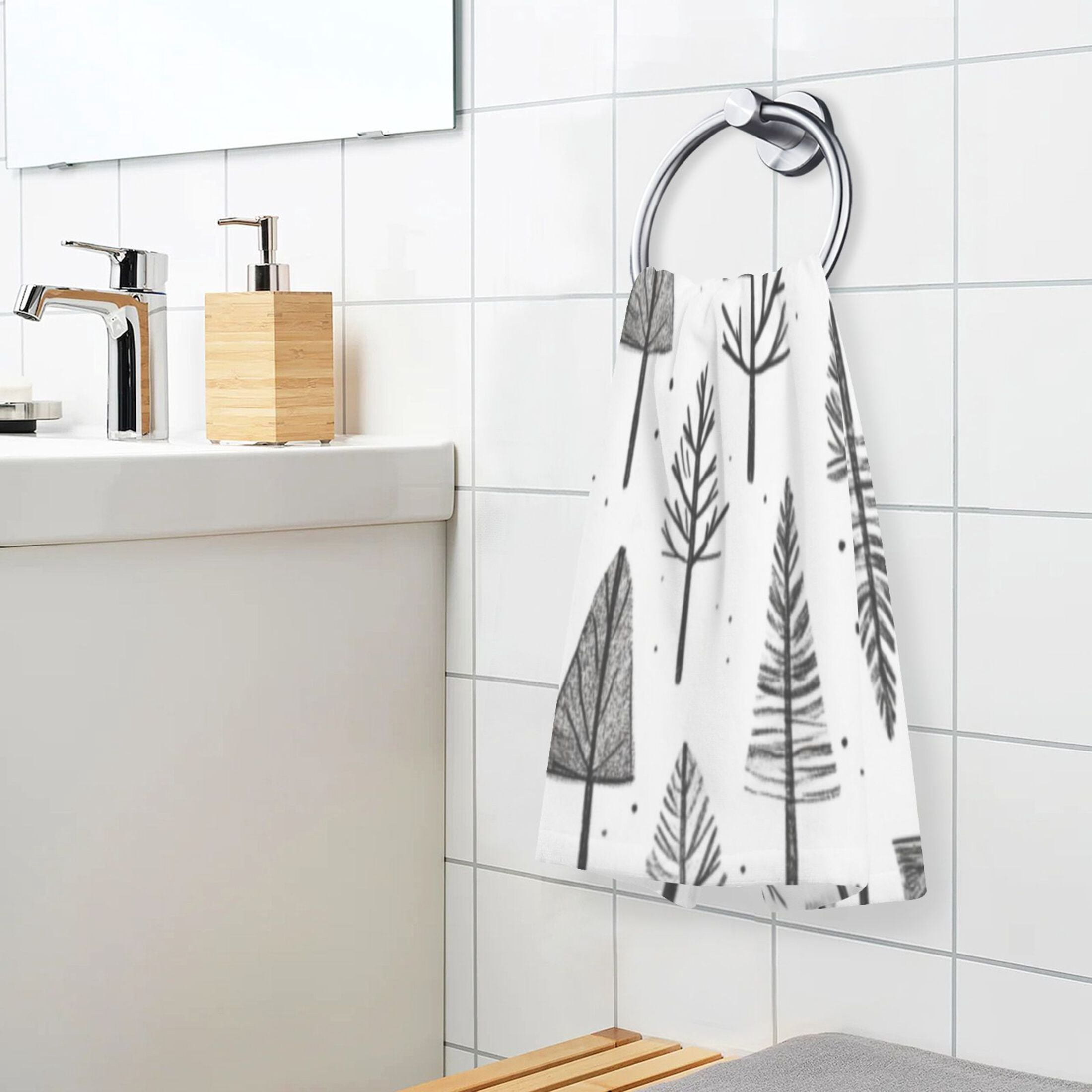 Cotton Towel Two-Piece 16x28 Inch One Sizex2 Face Towel Set Towel Set Cotton Hand Bath Towel Bathroom Beach Cartoon Black Pretty Little Tree