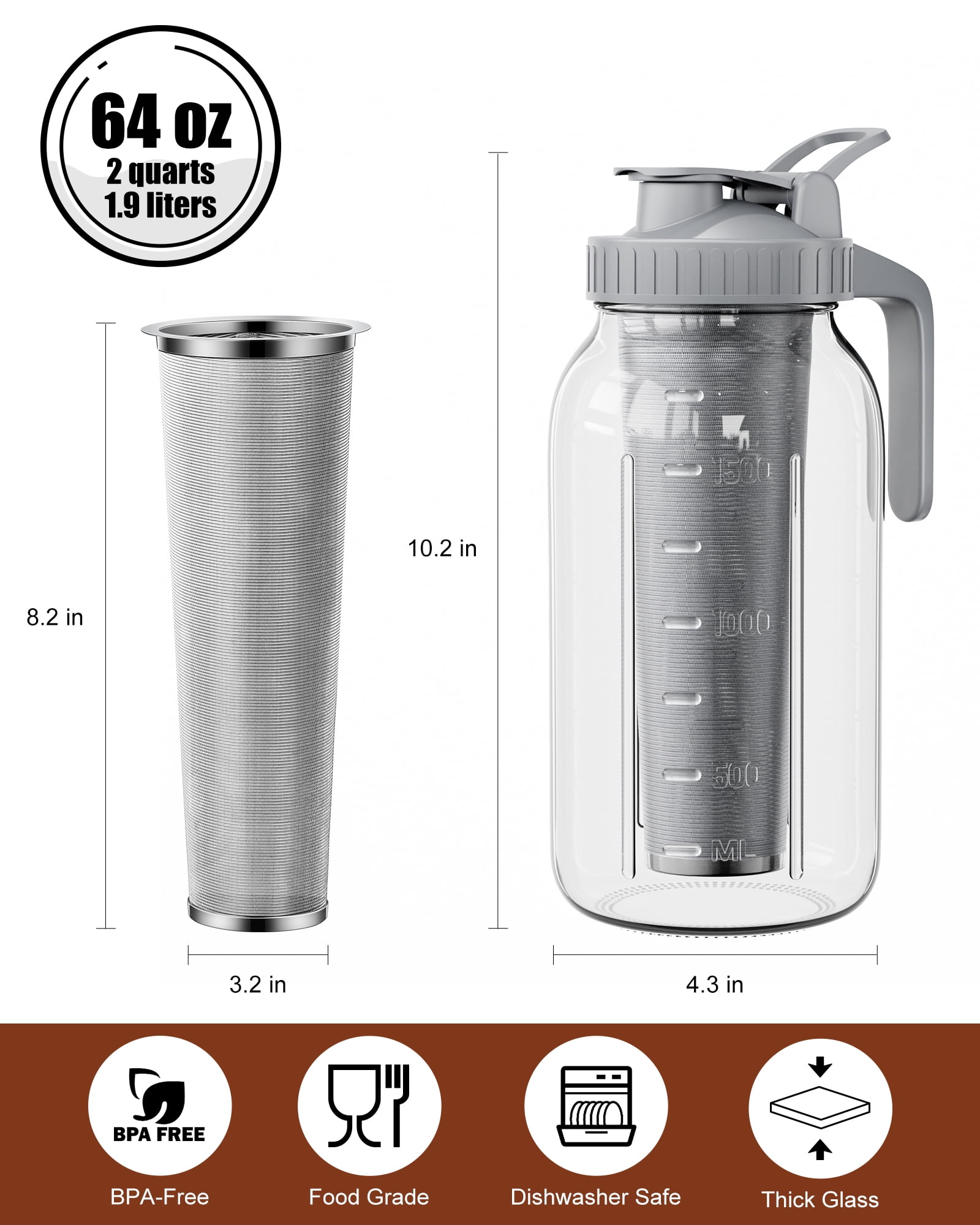 VA1KENE 64oz Cold Brew Coffee Pitcher Ice Coffee Maker with Spout, Handle & Stainless Steel Filter Coffee Maker with lid for Home Kitchen-Gray