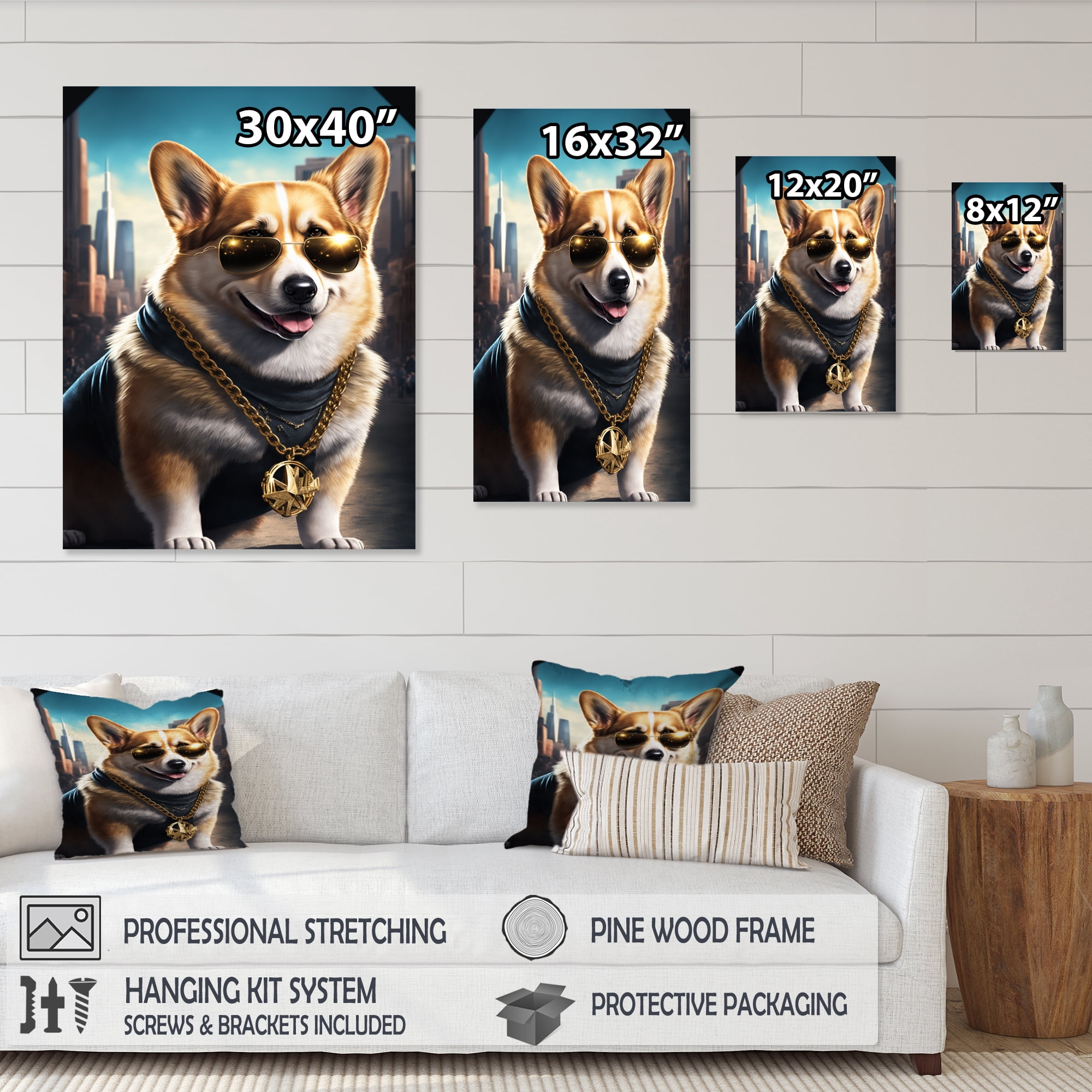 Designart Pembroke Welsh Corgi Gangster In NYC II Canvas Wall Art