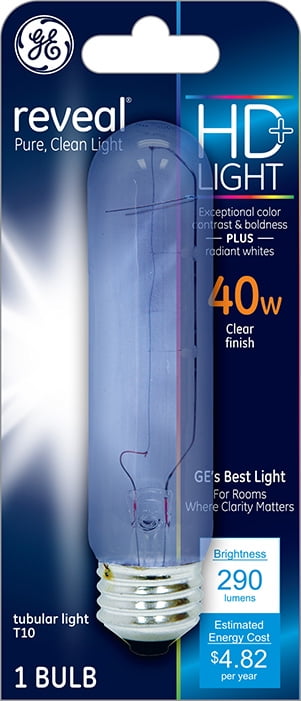 GE Reveal HD+ 40-Watt Incandescent T10 Tube Light Bulb, Medium Base, 1pk