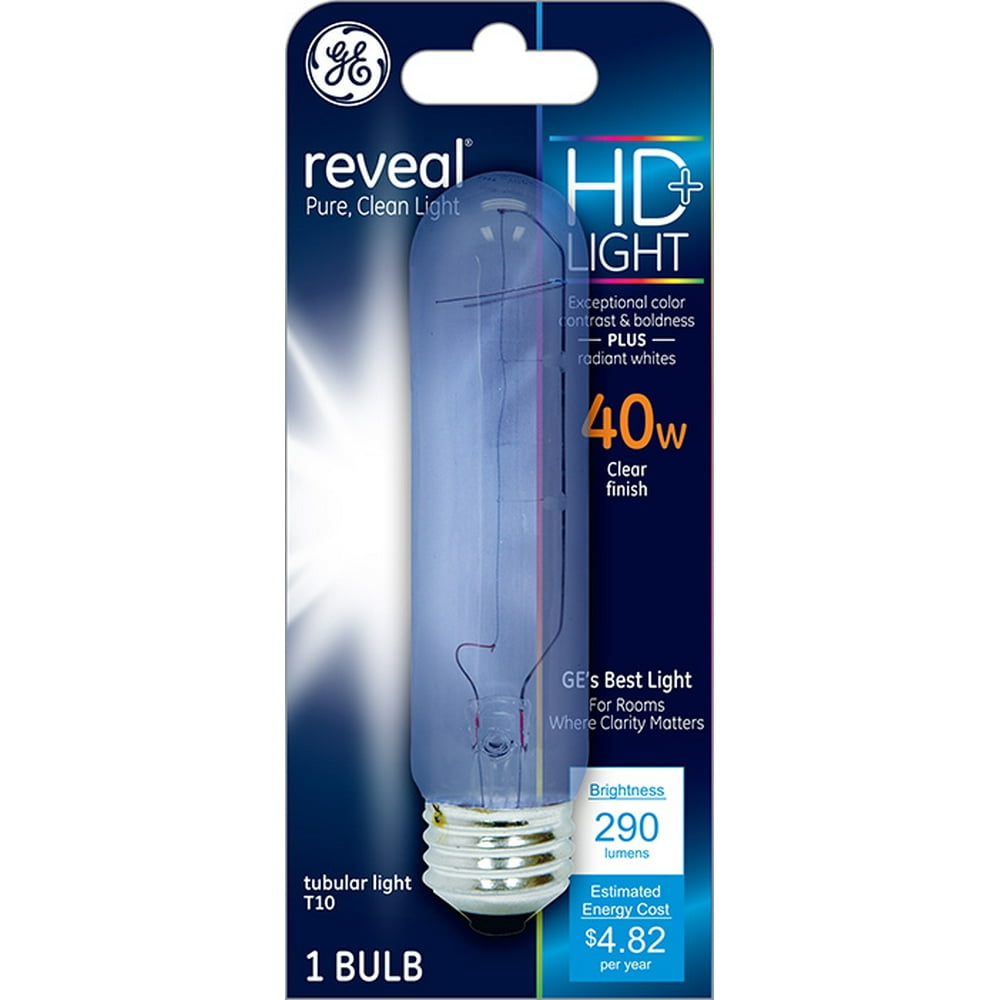 GE Incandescent 40W Reveal T10 Tube Light Bulb, Medium Base, Clear Finish, 1pk