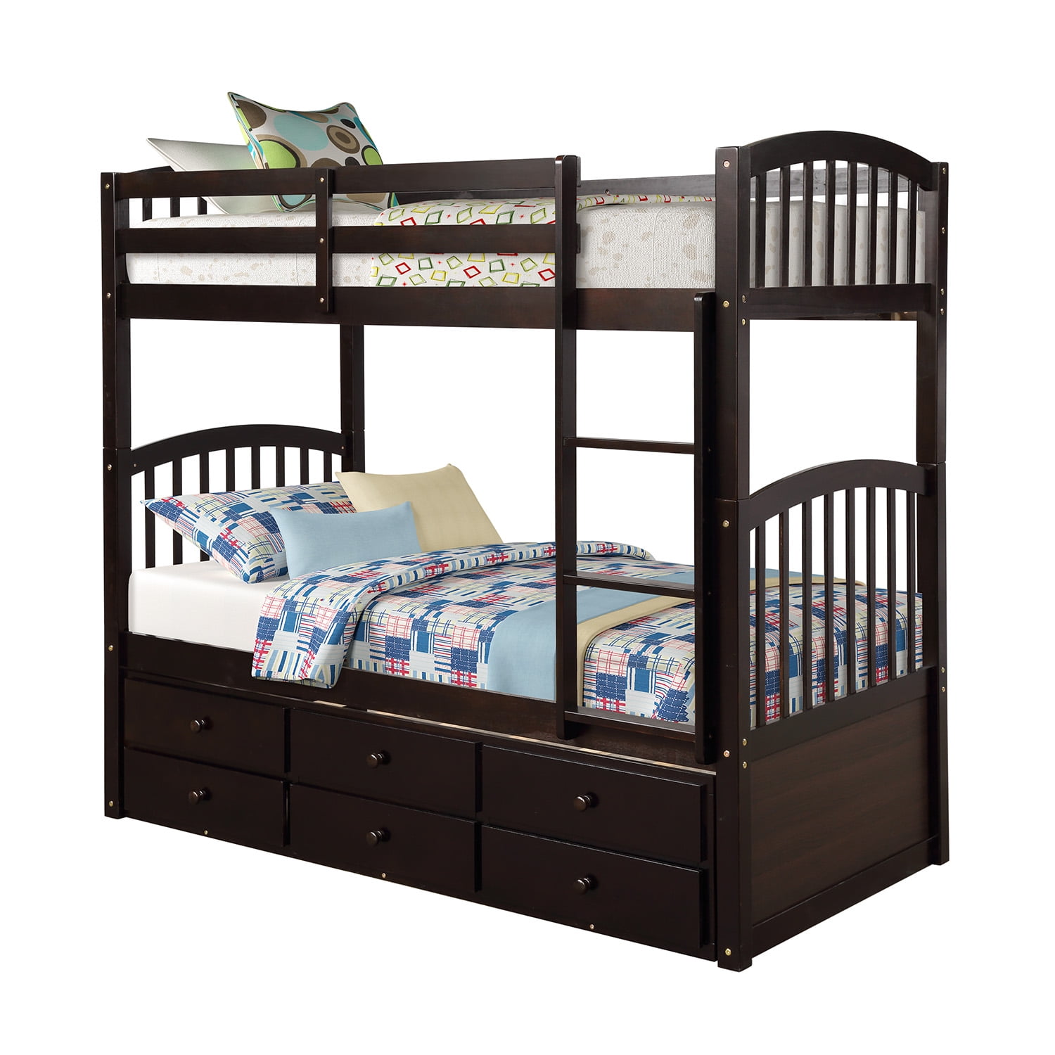 Private Jungle Twin Bunk Beds with Trundle and Ladder, Twin Loft Beds with 3 Drawers for Kids, Espresso