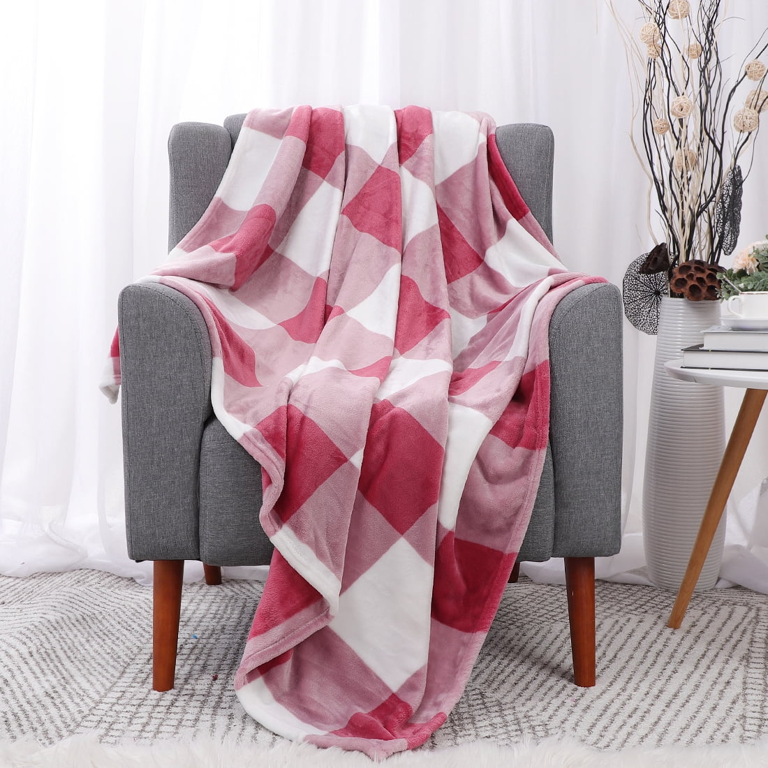 Unique Bargains Plush Buffalo Reversible Plaid Flannel Fleece Blanket, Twin, Blush+White