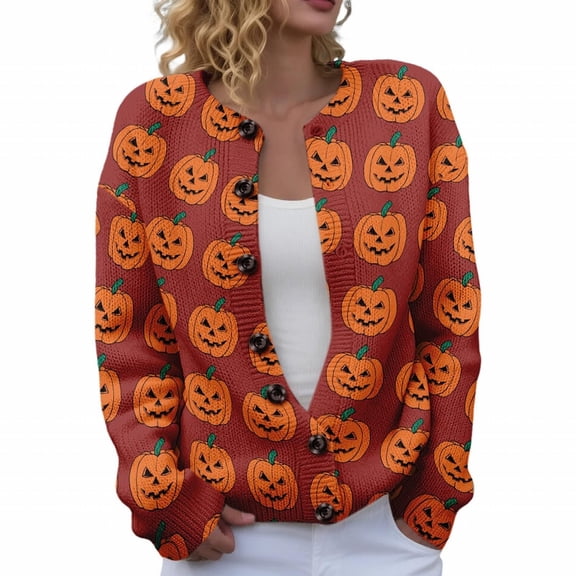 longantii Halloween Sweaters for Women Button Knit Cardigan Long Sleeve Ghost Graphic Cute Spooky Fall Winter Trendy Tops Lightweight Breathable Cardigan for Funny Party Hot Pink L