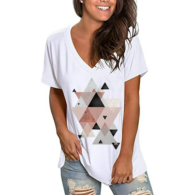 T-Shirts d'Été Décontractés pour Femmes Manches Courtes Imprimé Col en V Épaules Hauts Blouse