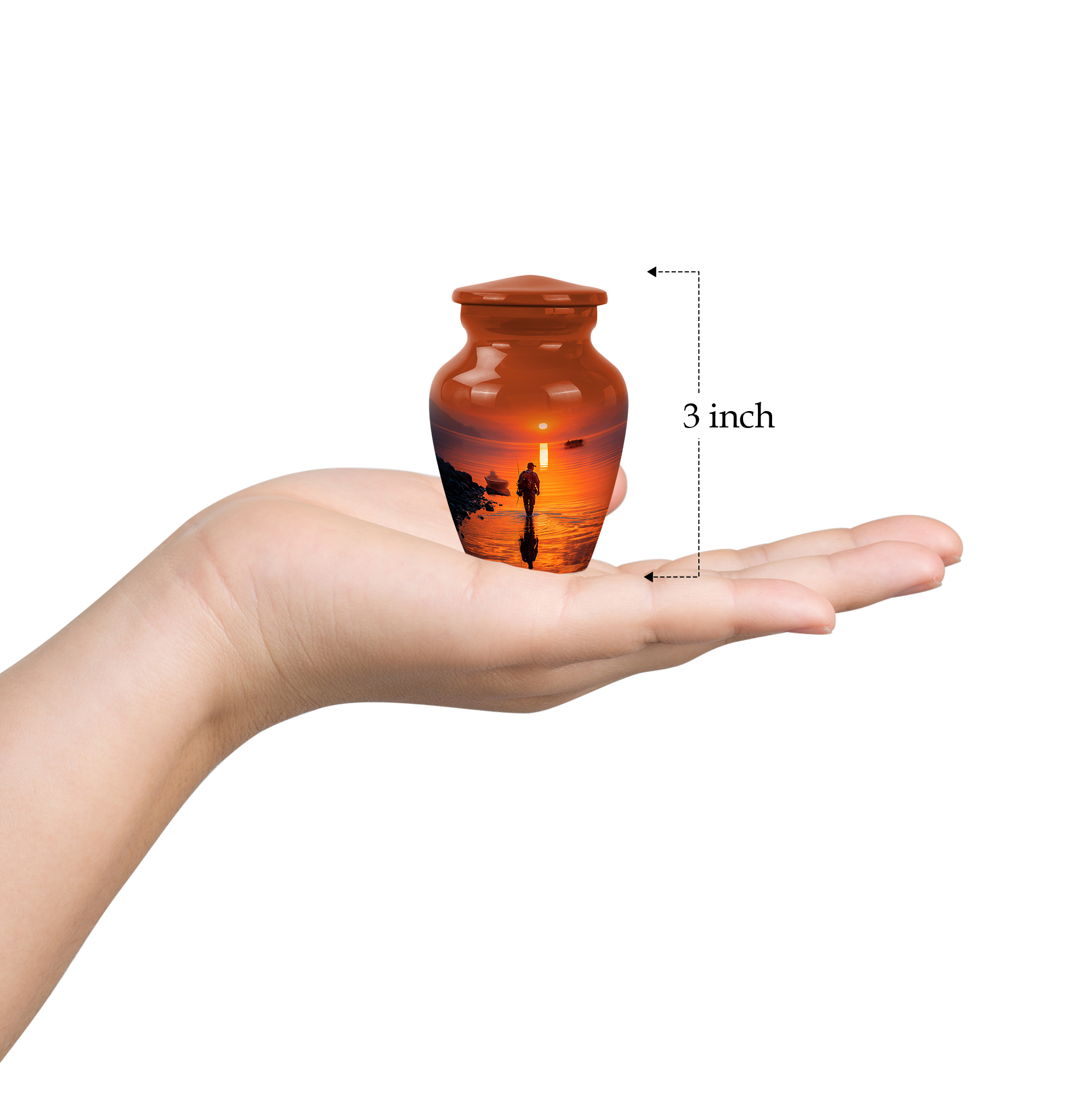 Fishing Man Small Keepsake Urn For Ashes Adult Male And Female - Brown Cremation Urns For Human Ashes For Husband And Wife - Sunset Memorial Mini Urn For Daughter And Son 3 Inch