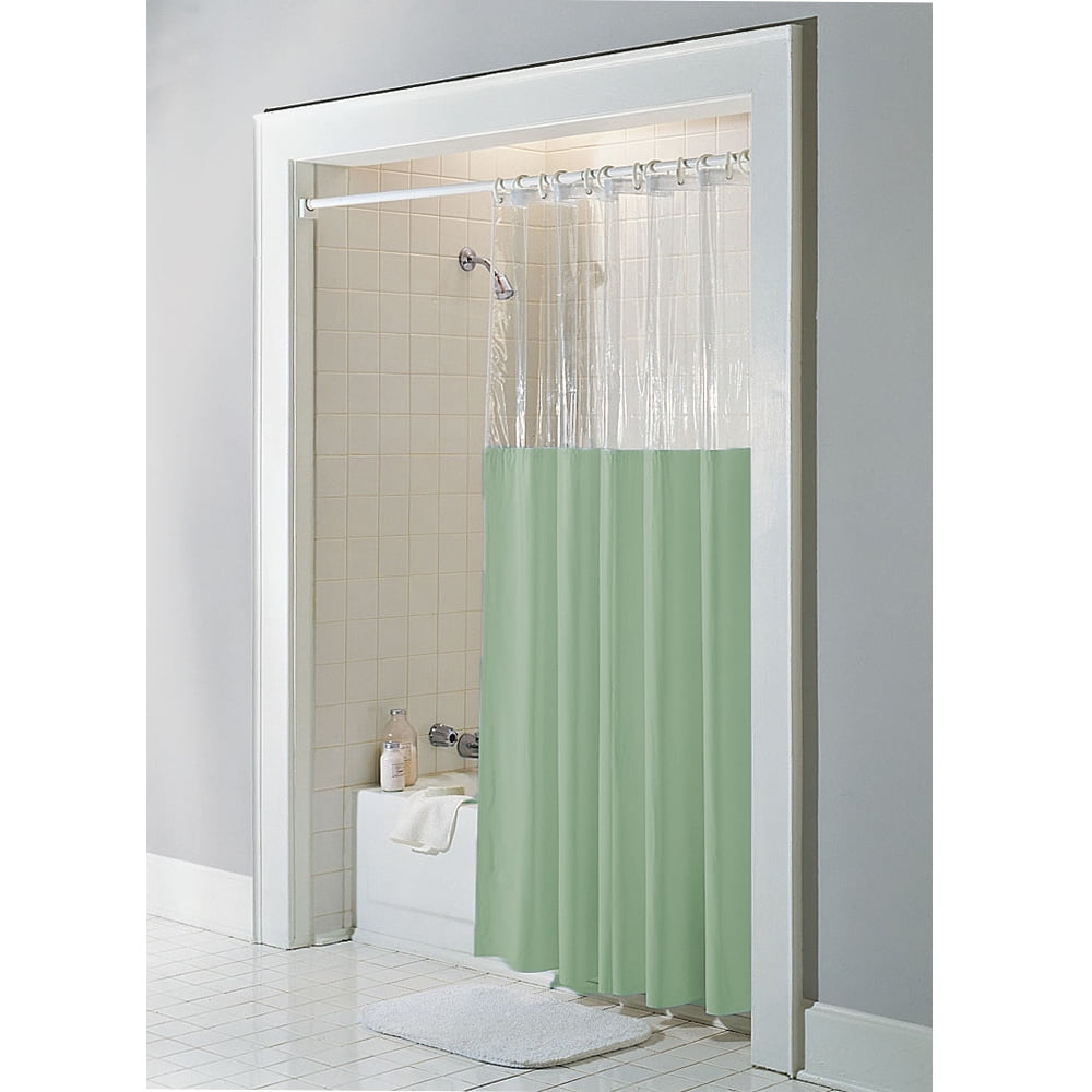 Sage Vinyl Windowed Shower Curtain Liner Clear Top Standard Size 72