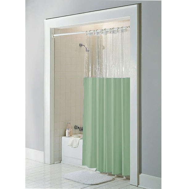 Sage Vinyl Windowed Shower Curtain, Clear Top Shower Curtain