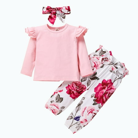 

Honeeladyy Winter Newborn Infant Baby Girl Long Sleeve Ruffle Solid Tops+Floral Bowknot Pants Set Pink Clearance under 10$