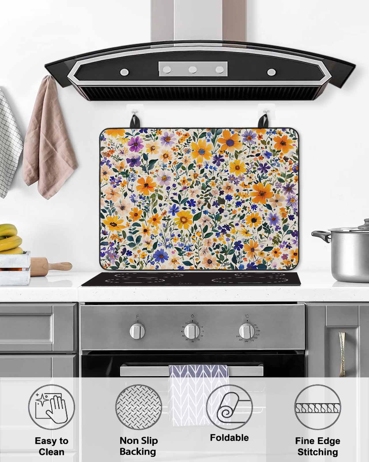 nqOlkjepod Large Induction Cooktop Protector Mat 24"x21", Watercolor Wildflowers Stove Top Covers for Electric Stove, Colorful Spring Botanical Flowers Stove Burner Cover Mats, Glass Top Stove Cover