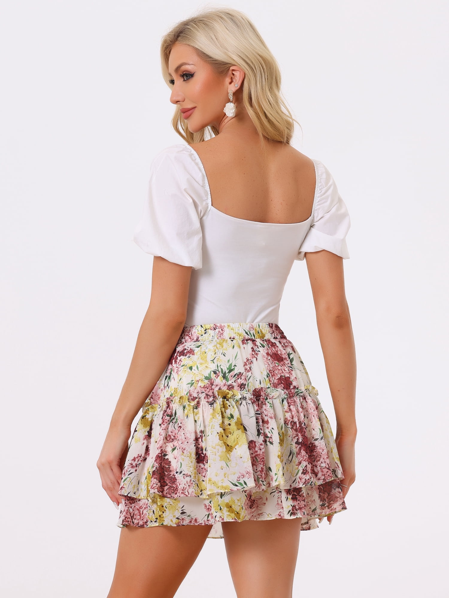 DARING DIVA Women's Elastic Waist Layer Ruffle A-Line Skirt XS White