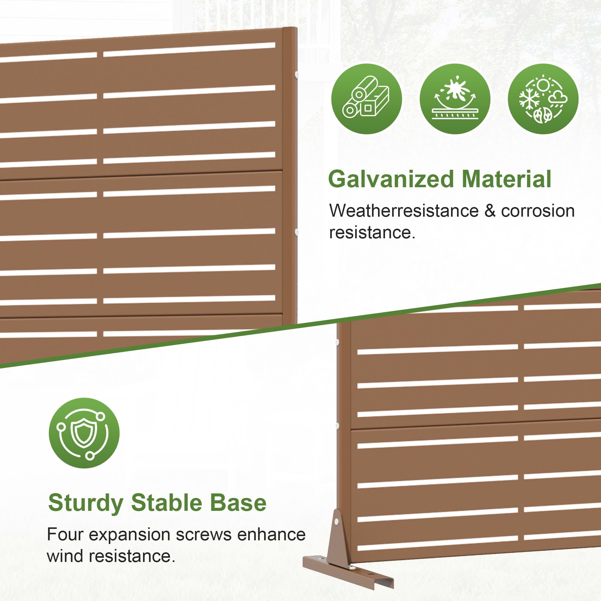 MAYEERTY 2-Piece 72"x35" Freestanding Privacy Fence, 6-Panel Brown Galvanized Steel Screen, Wide-1 Narrow-2 Slats for Outdoor Yard